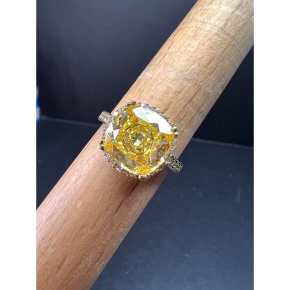 Yellow CZ halo ring in gold over sterling silver size 9 - Picture 14 of 16